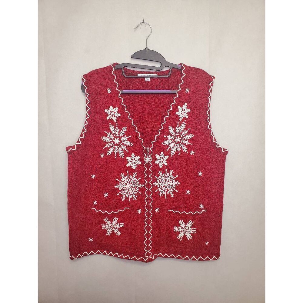 Grandmacore Christmas Winter Full Zip Snowflake Embroidered Ugly Sweater Vest